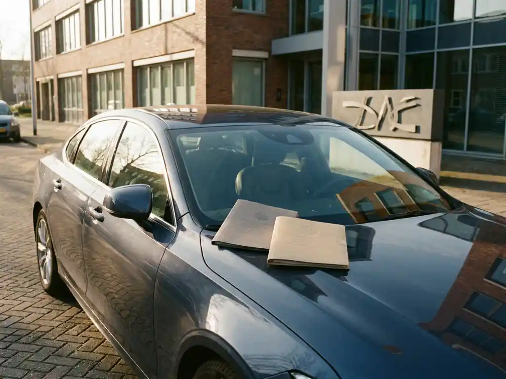 Leaseauto geparkeerd bij een Nederlands kantoor met twee officiële documenten op de motorkap, symboliserend loonheffing en bijtelling.