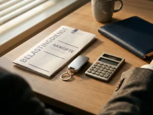 Nederlands belastingdocument en zilveren autosleutel op kantoorbureau naast rekenmachine, zakelijke sfeer voor autobelasting.