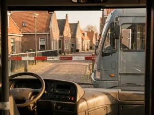 Bezorgbus gestopt voor een rood-witte slagboom op een smalle klinkerstraat in een Nederlandse woonwijk, warme middagzon.
