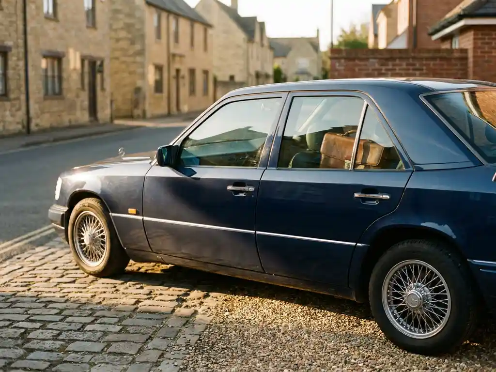 Klassieke jaren 90 Europese sedan in diepblauw geparkeerd op kasseien, gouden middaglicht op chromen details, leren aktetas zichtbaar door achterruit.