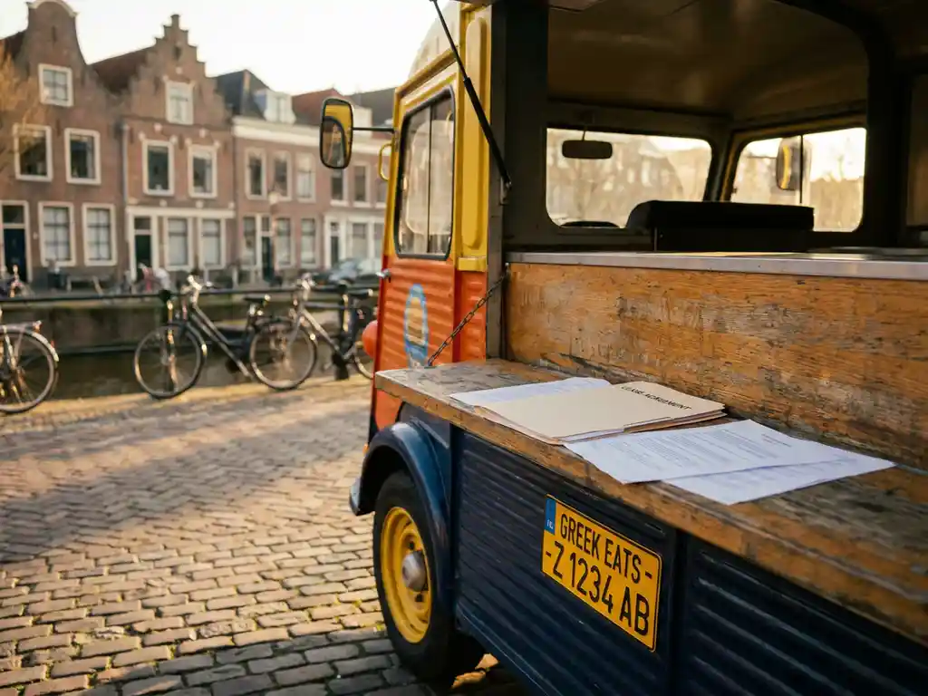 Buitenlandse foodtruck geparkeerd op een Amsterdamse kei­straat met huurcontract op de toonbank, grachtenhuizen op de achtergrond.
