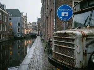 Verouderde dieselbus geparkeerd in smalle Amsterdamse straat met milieuzonebordje op bakstenen muur, kasseien en kanaалreflecties op de voorgrond.