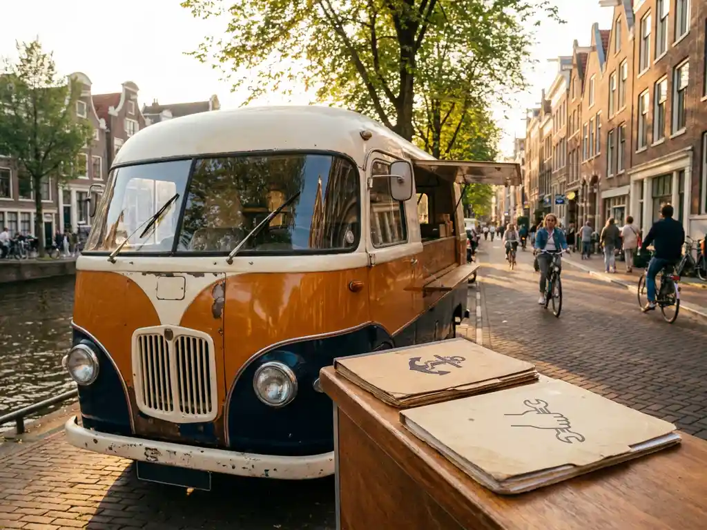 Kleurrijke foodtruck op een zonnige Nederlandse stadsstraat met twee contrasterende mappen op de serveertoonbank.