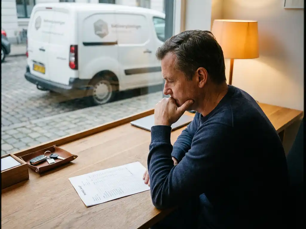 Ondernemer bekijkt loonstrook aan bureau met autosleutels, bedrijfsauto zichtbaar door raam op de achtergrond.