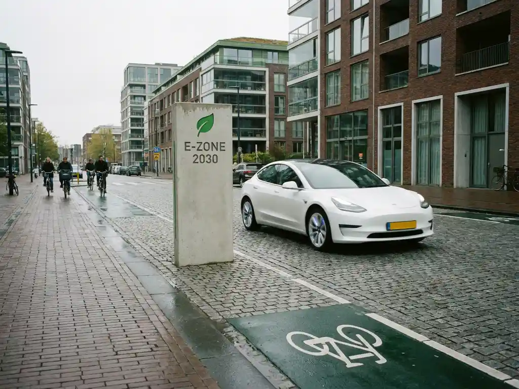 Witte elektrische auto rijdt door een emissievrije zone in een Nederlandse stad met fietspaden en moderne architectuur.