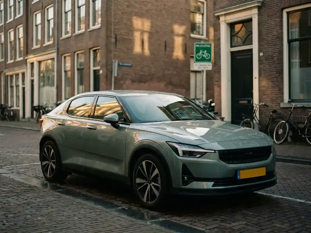 Moderne elektrische auto geparkeerd op een Hollandse straat met groene zone-bord, sfeervolle middagzon op kasseien.