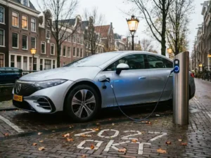 Elektrische auto aangesloten op laadpaal in Nederlandse stadstraat, omgeven door herfstbladeren op kinderkopjes in blauwig avondlicht.