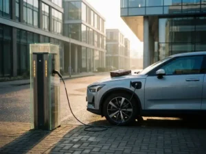 Elektrische auto opgeladen bij moderne laadpaal in Nederlands bedrijvenpark, aktetas op motorkap, gouden ochtendlicht.