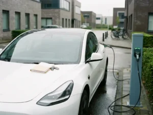 Witte elektrische auto aangesloten op laadpaal in Nederlands bedrijventerrein, met financiële documenten en autosleutels op de motorkap.