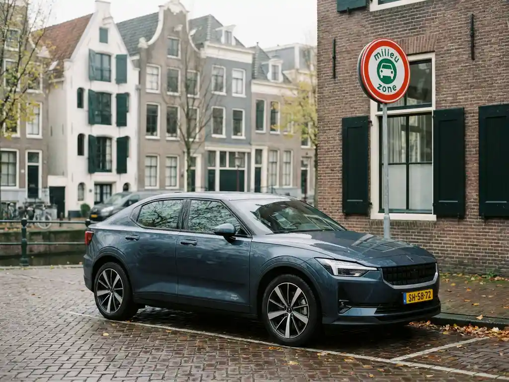Elektrische auto geparkeerd in Nederlandse stad met milieuzonebordje, historische grachtenpanden op de achtergrond.
