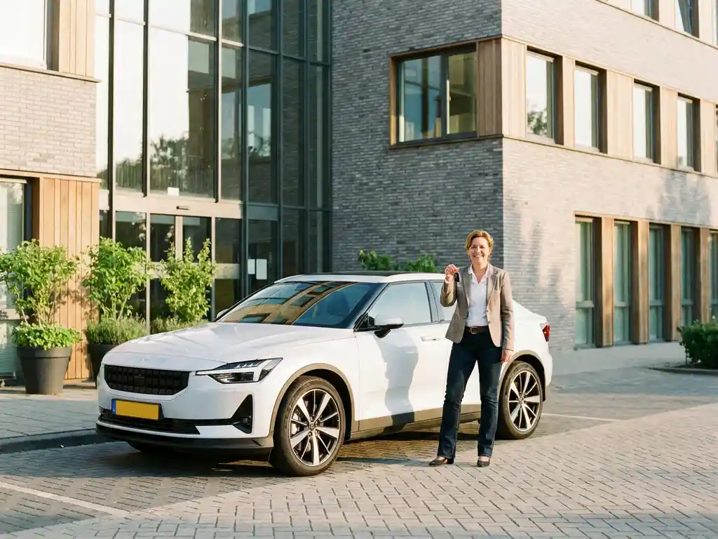 Witte elektrische auto geparkeerd voor Nederlands gemeentehuis, ondernemer houdt autosleutels vast in middagzon.
