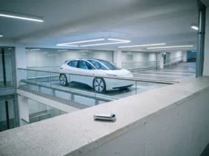 Witte elektrische auto geparkeerd in moderne parkeergarage met autosleutel op betonnen ondergrond op de voorgrond.