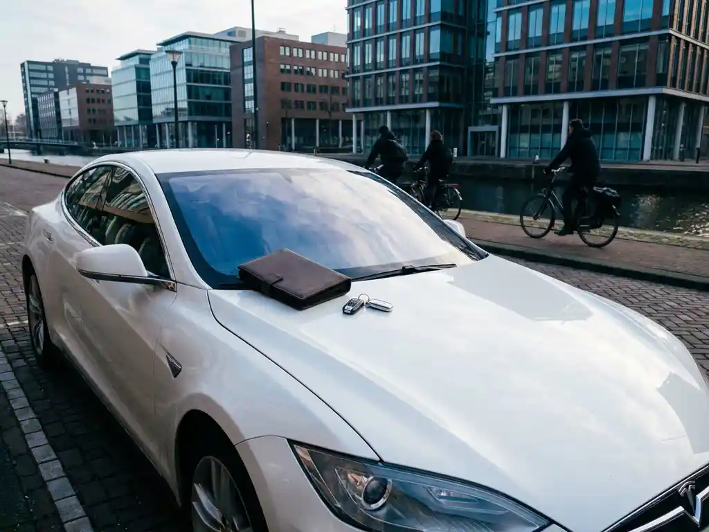 Witte elektrische auto in Nederlands zakendistrict met leren documentmap en autosleutels op de motorkap, ochtendlicht.