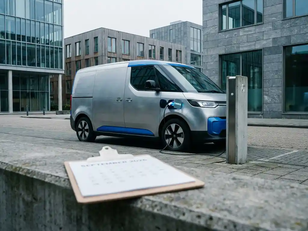 Elektrische bedrijfsbus aangesloten op laadpaal bij modern Nederlands bedrijventerrein in zacht bewolkt daglicht.