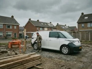 Elektrische witte bestelwagen op woonbouwplaats met betonmolen, vakman houdt laadkabel vast onder bewolkte Nederlandse lucht.