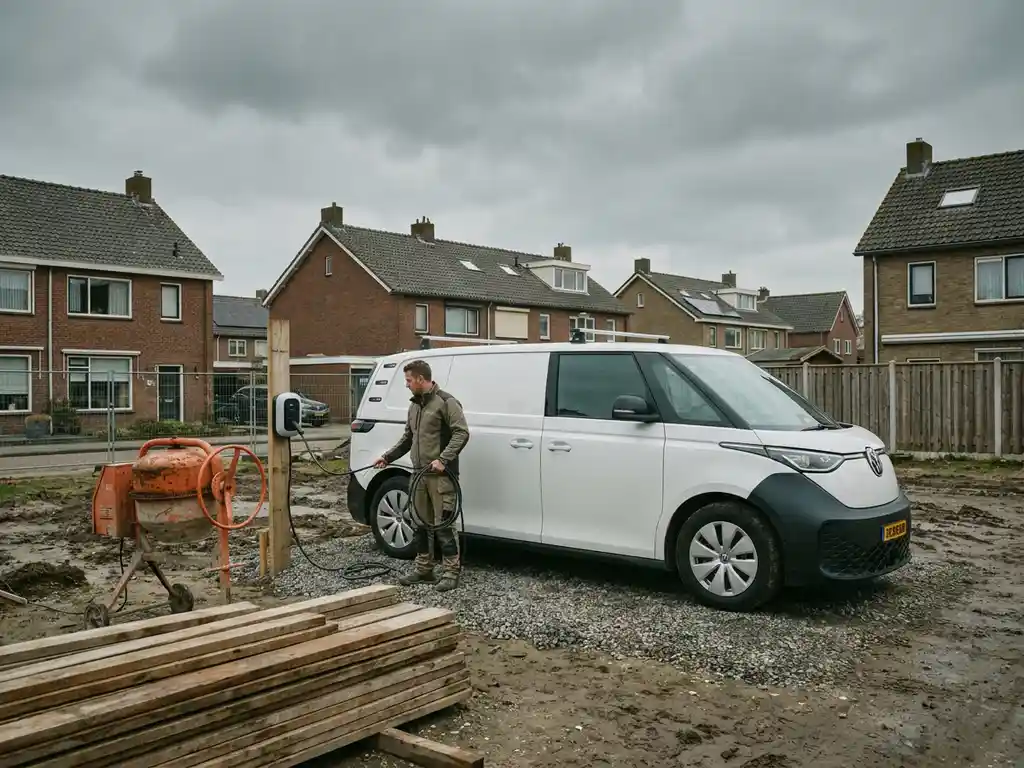 Elektrische witte bestelwagen op woonbouwplaats met betonmolen, vakman houdt laadkabel vast onder bewolkte Nederlandse lucht.