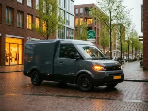 Elektrische bedrijfsbus bij de ingang van een Nederlandse zero-emissiezone, groen verkeersbord op de achtergrond, straat met klinkers.