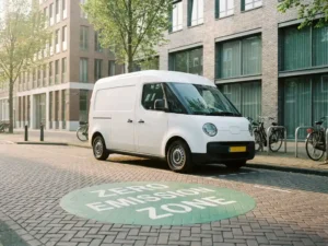 Witte elektrische bestelbus geparkeerd bij ingang van nulemissiezone in Nederlandse stad met groen wegmarkering en moderne architectuur.