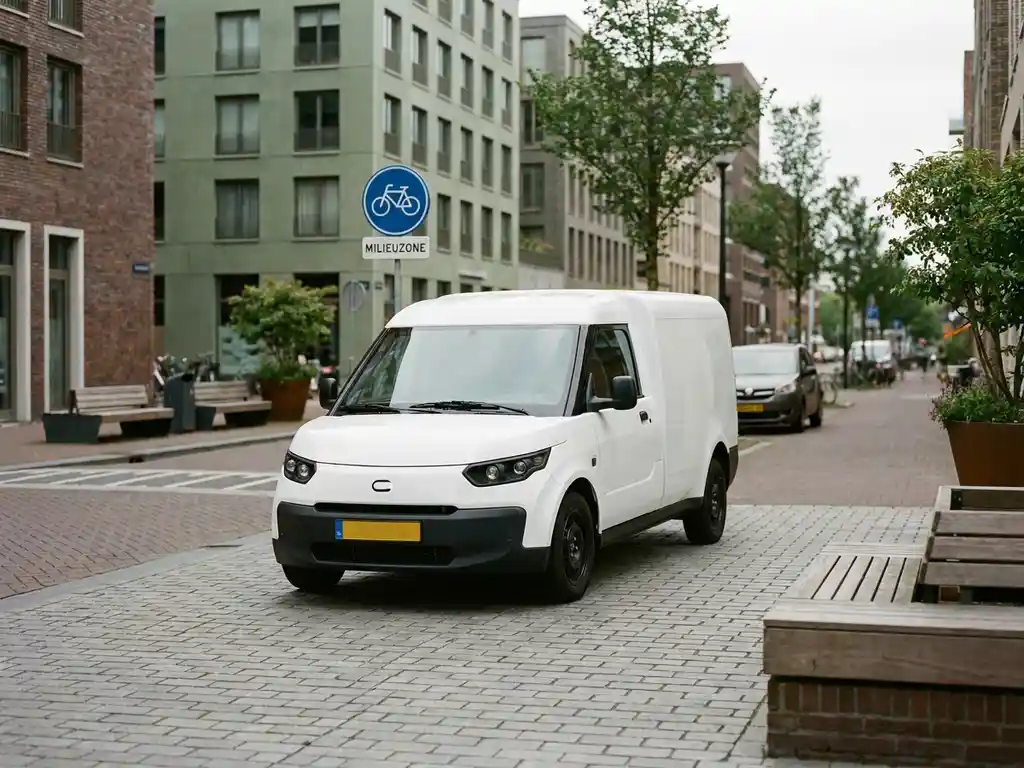 Witte elektrische bezorgbus geparkeerd in een Nederlandse stadsstraat met een zero-emissiezone bord op de achtergrond.