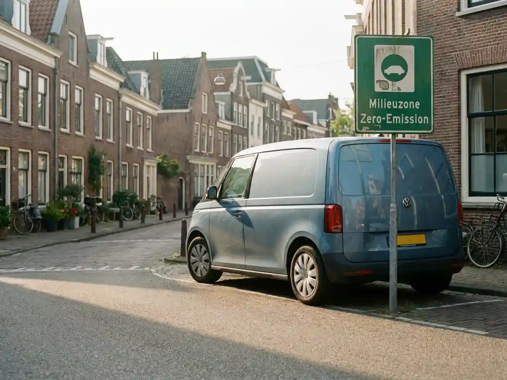 Elektrische bestelwagen bij de ingang van een Nederlandse zero-emissiezone, groen verkeersbord zichtbaar, bakstenen stadsarchitectuur op de achtergrond.