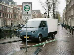 Elektrische bezorgbus aan de grens van een milieuzône in een Nederlandse stad, met klinkerstraatjes en gracht op de achtergrond.