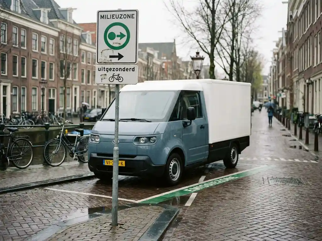 Elektrische bezorgbus aan de grens van een milieuzône in een Nederlandse stad, met klinkerstraatjes en gracht op de achtergrond.