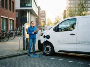 Ondernemer bekijkt klembord naast witte elektrische bezorgbus aan laadpaal in moderne stedelijke omgeving.