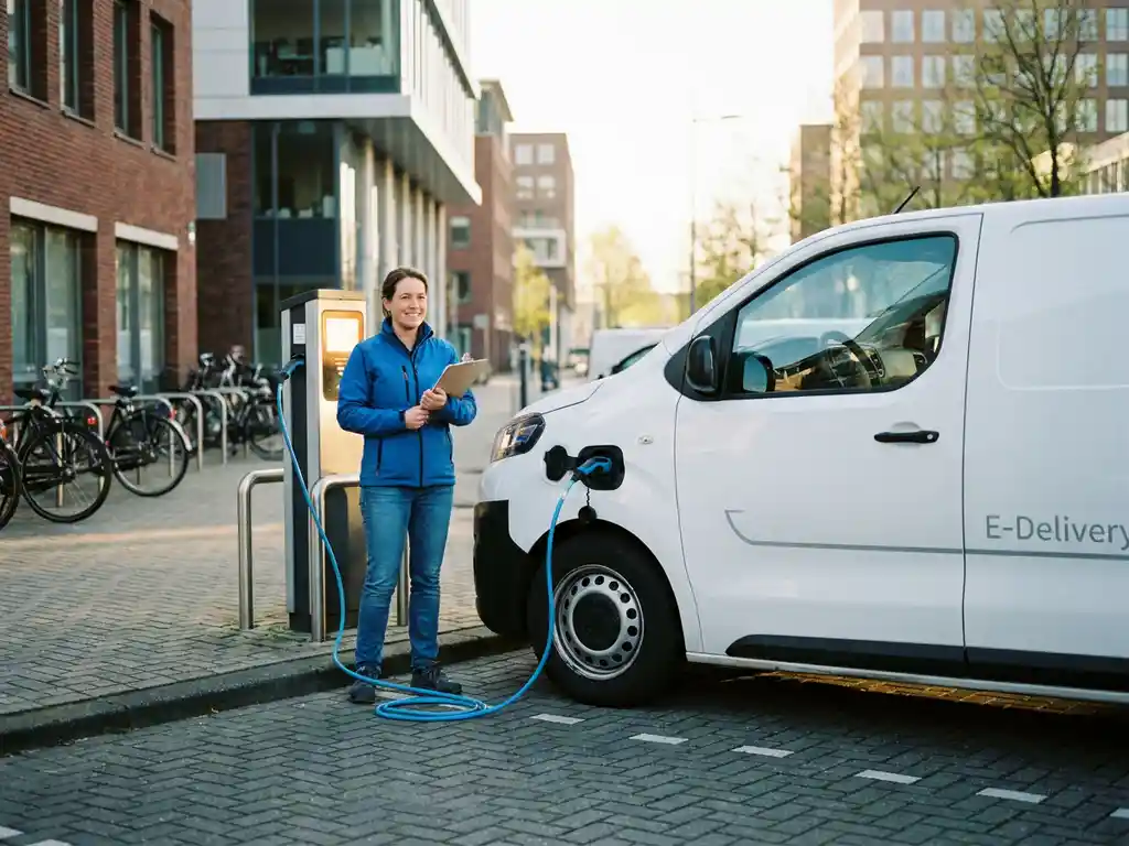 Ondernemer bekijkt klembord naast witte elektrische bezorgbus aan laadpaal in moderne stedelijke omgeving.