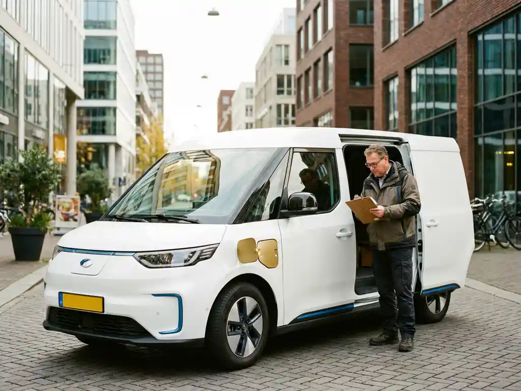 Nederlande ondernemer met klembord naast witte elektrische bezorgbus op stedelijke straat bij bewolkt daglicht.