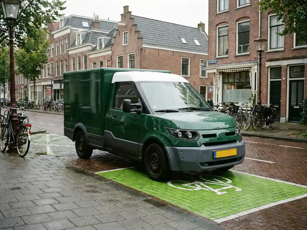 Elektrische bezorgbus op stadsstraat met groene wegmarkering voor milieuzone, fietspaden en bakstenen gevels op de achtergrond.