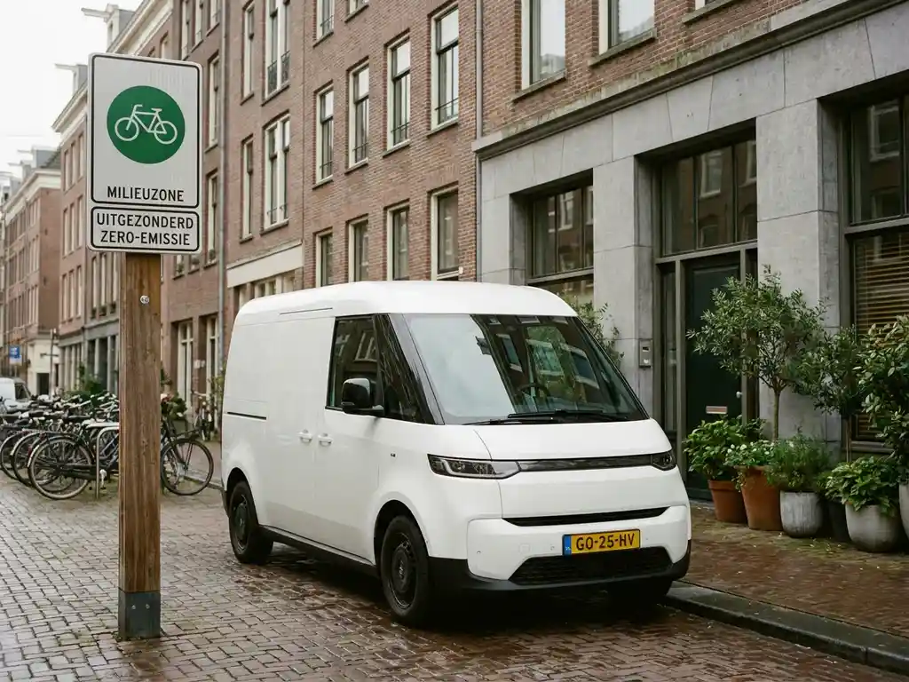 Wit elektrisch bezorgbusje geparkeerd bij ingang van Nederlandse stadsstraat met zero-emissiezone bord, overcast daglicht.