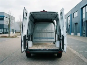 Elektrische bestelauto met open achterdeuren en leeg laadruim, geparkeerd op een Nederlands bedrijventerrein.