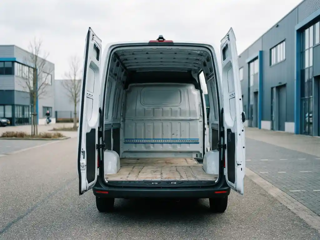 Elektrische bestelauto met open achterdeuren en leeg laadruim, geparkeerd op een Nederlands bedrijventerrein.