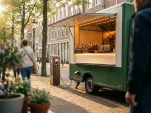 Elektrische foodtruck in bosgroen met open serveerwaam, vers brood en koffie, opgeladen aan straatpaal in zonnige Nederlandse stad.