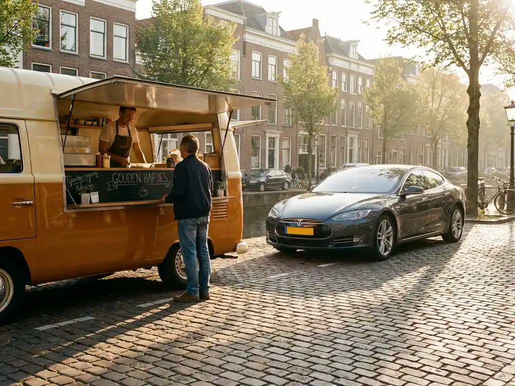Kleurrijke foodtruck met open serveerscherm naast een moderne bedrijfsauto op een zonnige Nederlandse straat met kinderkopjes.