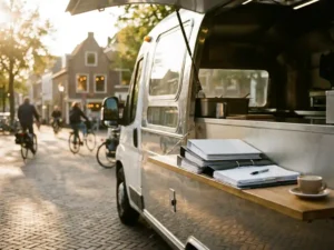 Foodtruck op zonnige Nederlandse straat met financiële documenten, pen en dampende koffie op de serveertoonbank.