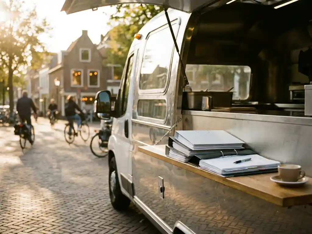 Foodtruck op zonnige Nederlandse straat met financiële documenten, pen en dampende koffie op de serveertoonbank.
