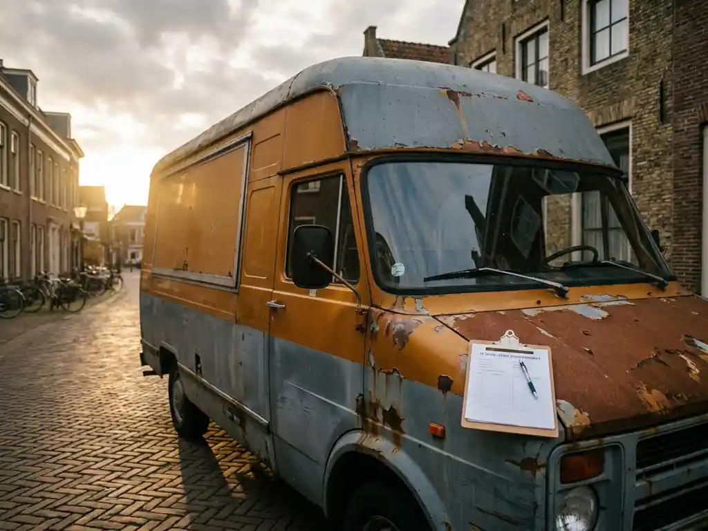 Verweerde foodtruck op een Nederlandse straat met een klembord met huurcontracten op de motorkap, in warm middaglicht.