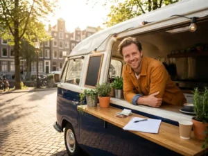 Ondernemer leunt tegen een foodtruck op een zonnige Nederlandse straat, met eurobiljetten en een getekend huurcontract op de toonbank.