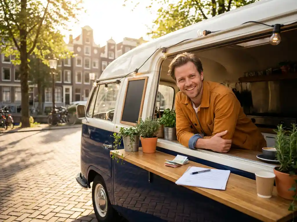 Ondernemer leunt tegen een foodtruck op een zonnige Nederlandse straat, met eurobiljetten en een getekend huurcontract op de toonbank.