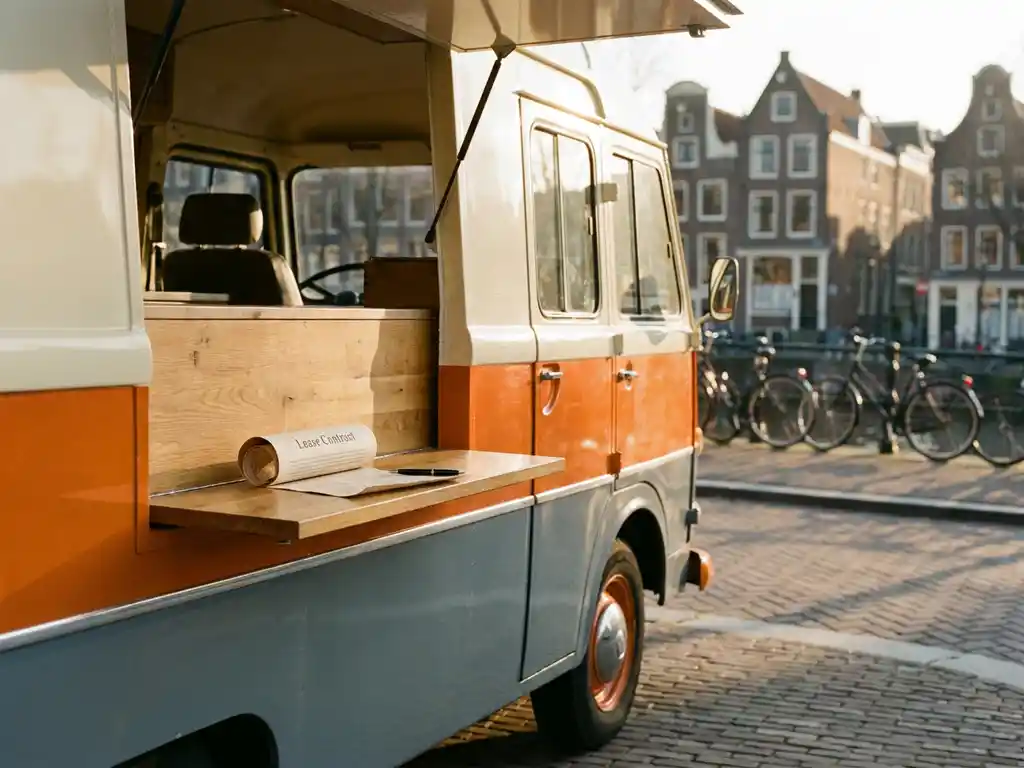 Kleurrijke foodtruck op een Nederlandse straat met een huurcontract en pen op de servicetoonbank, serveerdeur open in middagzon.