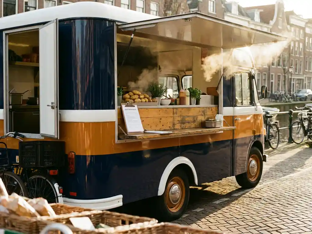 Kleurrijke foodtruck op een zonnige Nederlandse straat met open serveerluik, stoom en huurcontract op de toonbank naast verse ingrediënten.