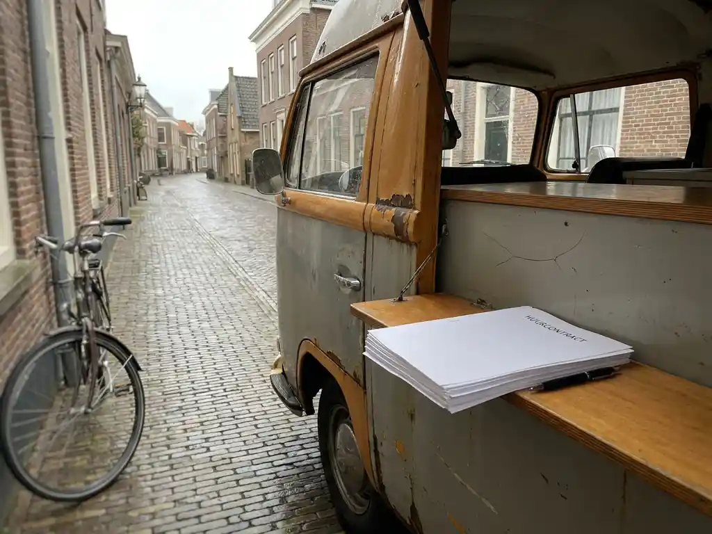 Verweerde foodtruck op een Nederlandse straat met ongetekende huurcontracten en pen op de toonbank, zichtbare scheur in de buitenwand.
