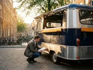 Leaseadviseur inspecteert een kleurrijke foodtruck op een zonnige Nederlandse stadsstraat met klembord in hand.