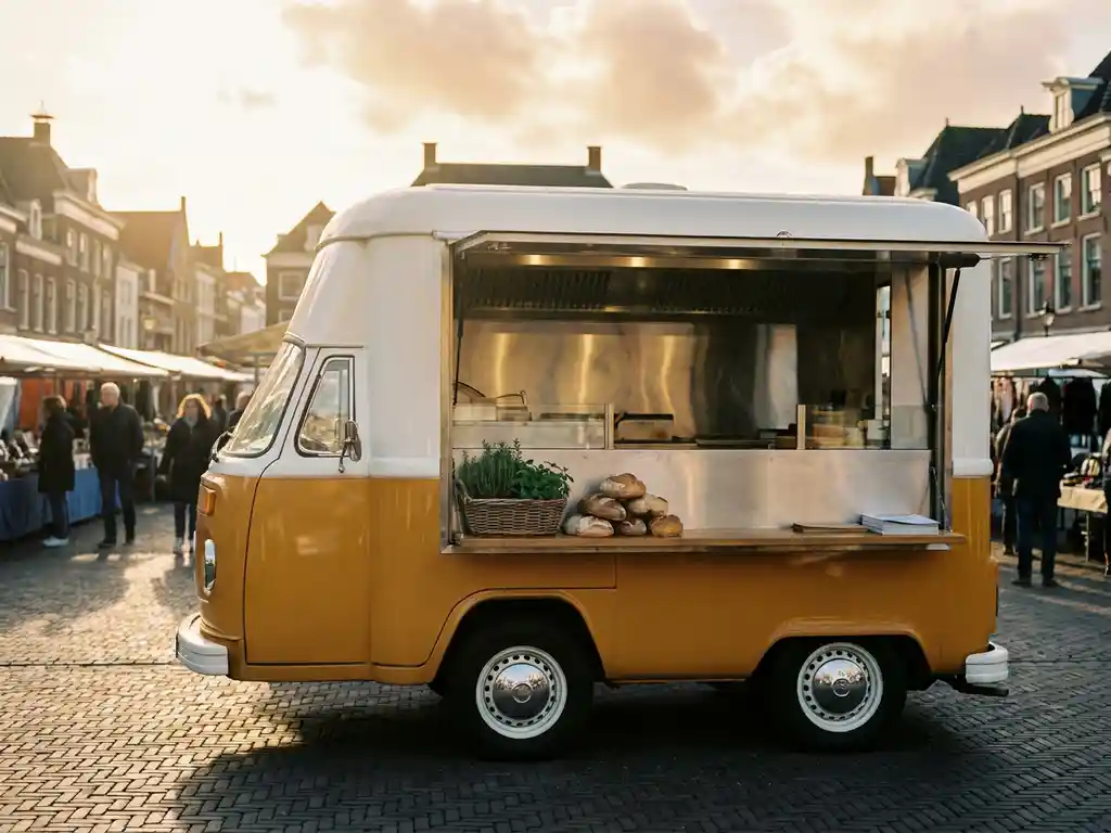Voedselwagen met roestvrijstalen serveerbalie op een zonnig Nederlands marktplein, verse ingrediënten en papieren op de toonbank.