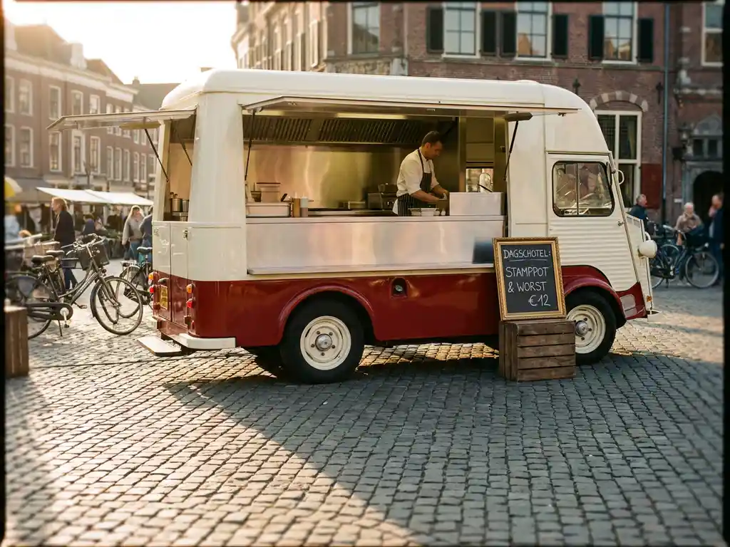 Glanzende foodtruck op een zonnig Nederlands marktplein met open serveerlokket, krijtbordmenu en gouden avondlicht op kinderkopjes.