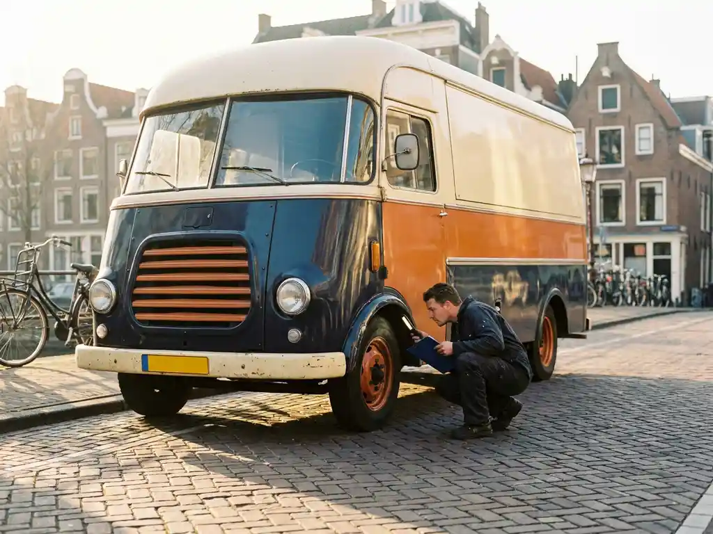 Monteur in overall inspecteert het onderstel van een navy-blauwe foodtruck op een zonnige Nederlandse straat met kinderkopjes.