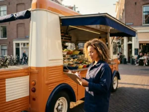 Ondernemer bekijkt administratie naast een kleurrijke foodtruck op een zonnige Nederlandse straat.