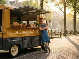 Jonge ondernemer leunt zelfverzekerd tegen een mosterdgele foodtruck op een zonnige Nederlandse straat, verse ingrediënten op de toonbank.