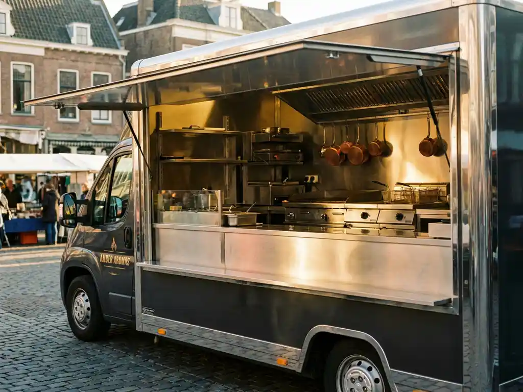 Glanzende foodtruck met roestvrijstalen keukenapparatuur op een zonnig Nederlands marktplein in warm middaglicht.
